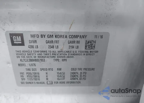 2017 Chevrolet Trax Lt из США, поврежденный, VIN KL7CJLSB0HB057953